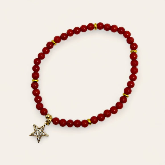 Jul Armbånd Red Bamboo Coral med gullfarget rondeller og stjerne charm cz