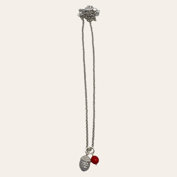 Jul Halskjede rund anker sølvfarget med Red Bamboo Coral charm og eikenøtt charm med cubic zircon