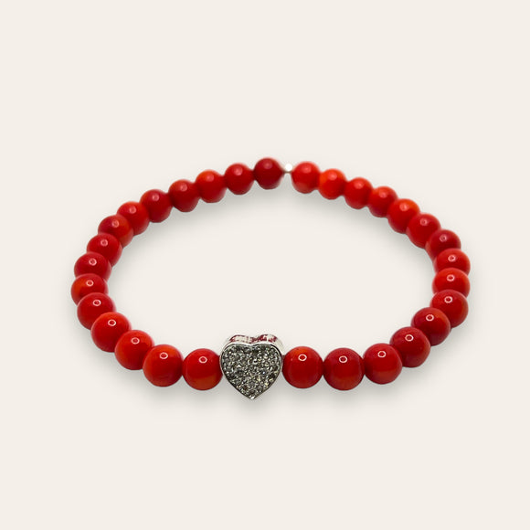 Armbånd Red Bamboo Coral med sølvfarget hjerte cz