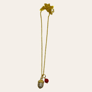 Jul Halskjede rund anker gullfarget med Red Bamboo Coral charm og eikenøtt charm med cubic zircon